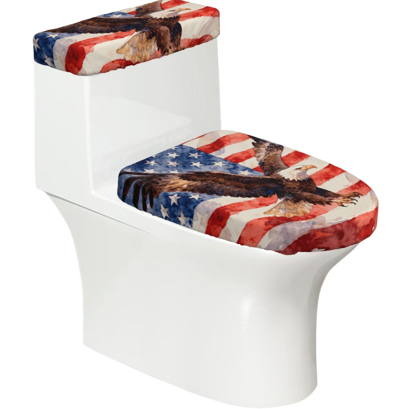 Veteran Eagle Badge Elastic Toilet Cover Set of 2-Stretchy Lid and Tank Covers for Bathroom, Soft Washable U Shape Toilet Decor