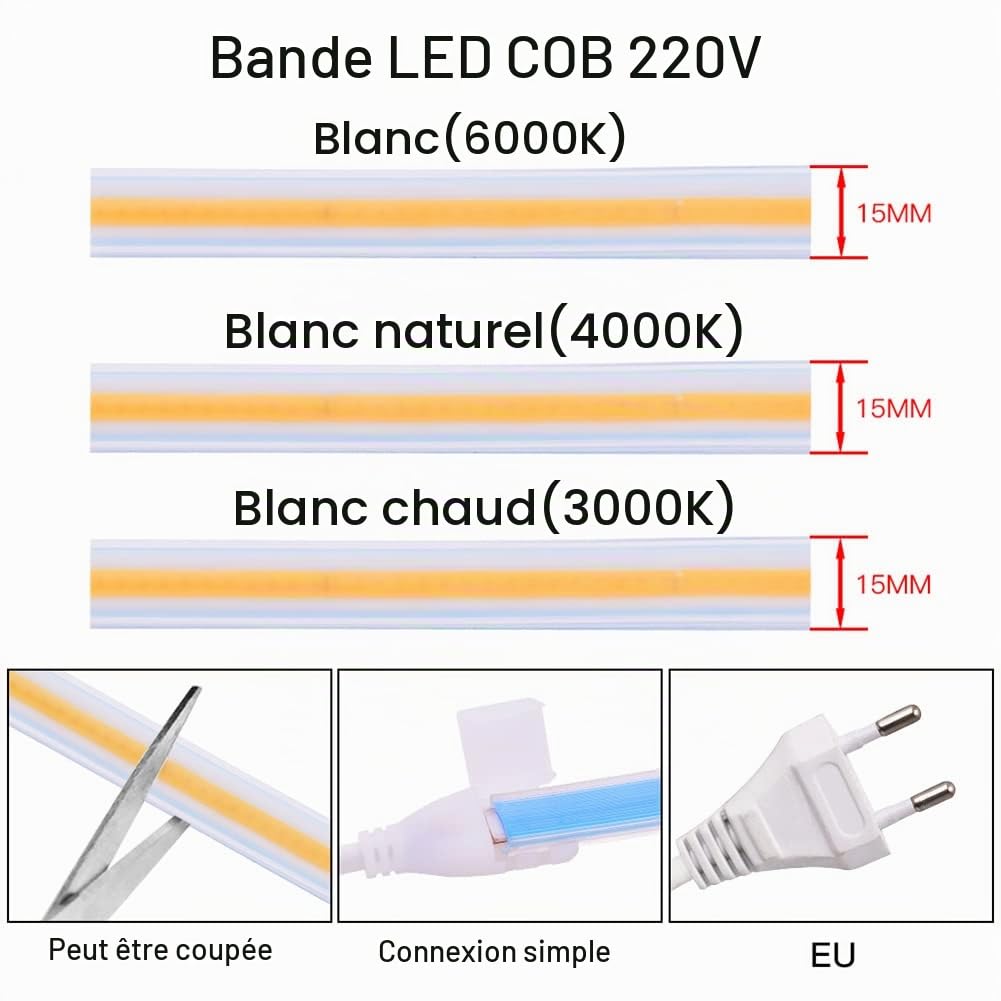 pcning 220V Bandeau COB LED 3M Blanc IP67 Étanche 280 LEDS/M Bande Flexible Ruban Lampe 4000K 3M 220 V (Blanc, 3)
