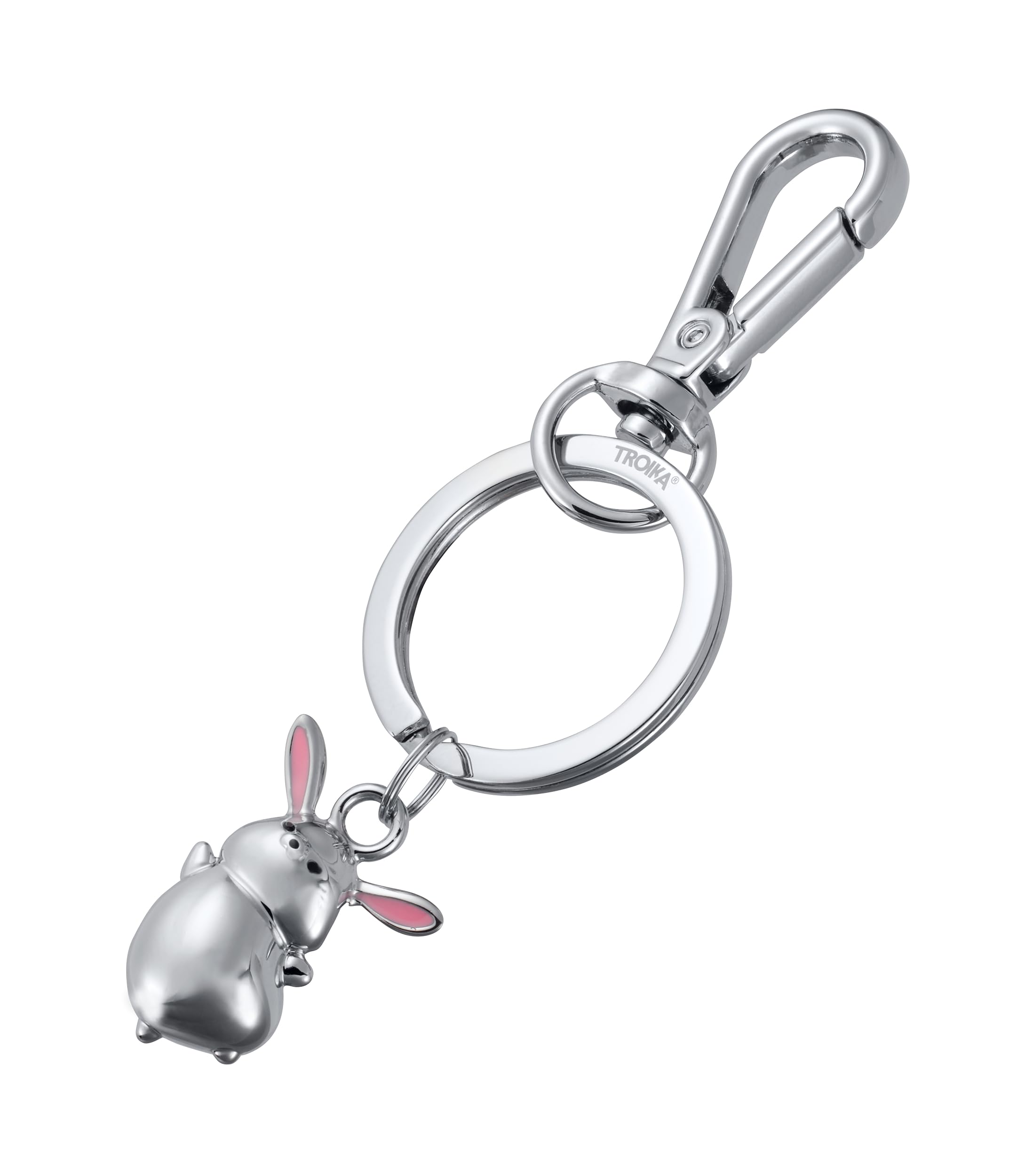 TROIKA Breloczek do kluczy zając TINY Rabbit metalowy z karabińczykiem mały zając z odlewu metalowego chromowany w kolorze srebrnym jako prezent na Wielkanoc dla miłośników zajączków
