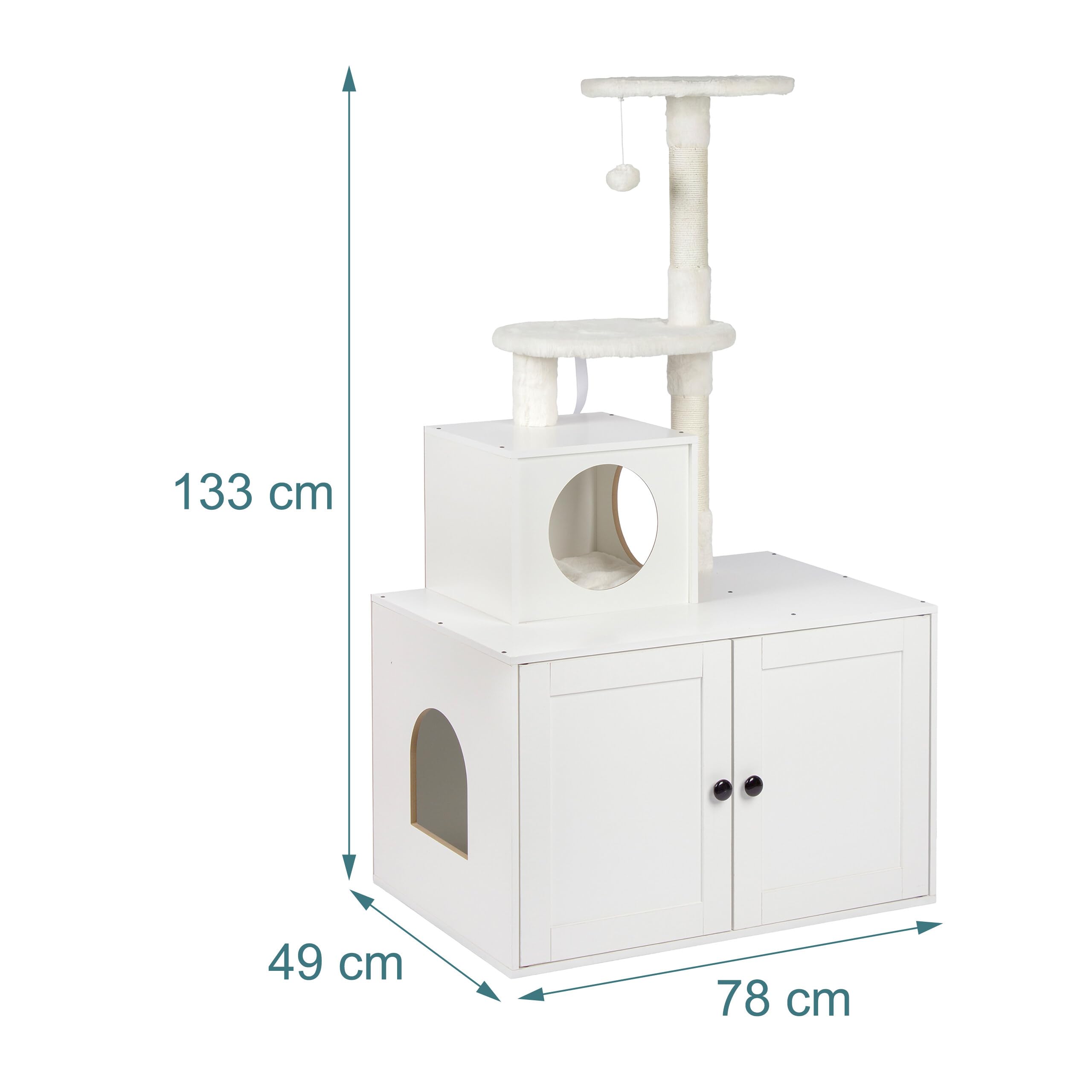 Relaxdays Árbol rascador con Armario para arenero, 133x78x49cm, Blanco | Troncos de sisal y hamaca, efecto madera, torre para gatos