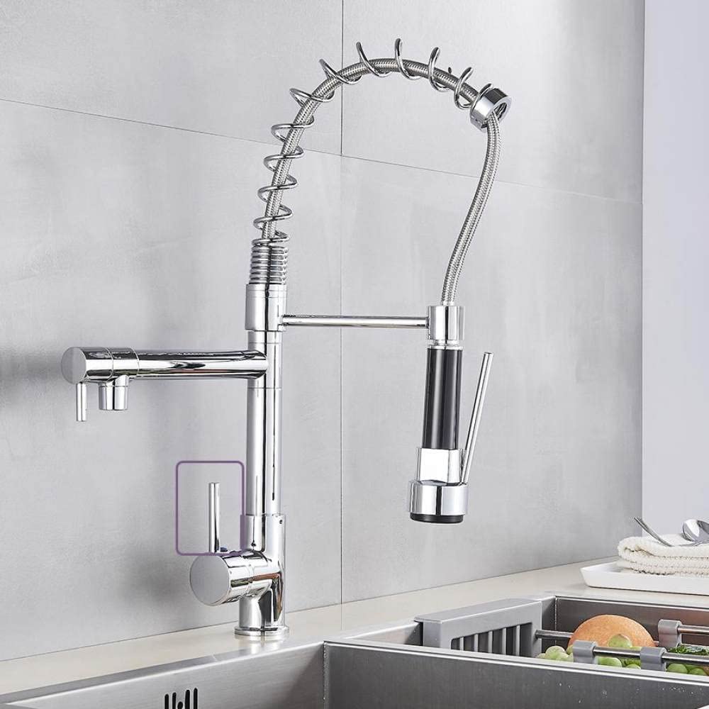 FCXWEVR Matte Black Bridge Kitchen Faucet with Dual Spouts Spring Pull Down Mixer Tap Hot & Cold Water Modern Chrome Finish for Stylish Kitchens