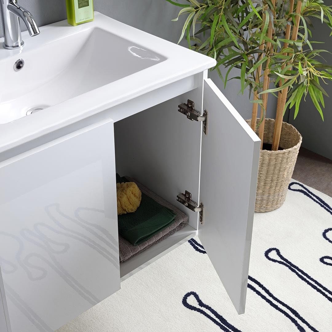 Kiamami Valentina - Mobile bagno sospeso 60cm bianco lucido con lavabo in ceramica e specchio con lampada | Benaco | Mobile già assemblato