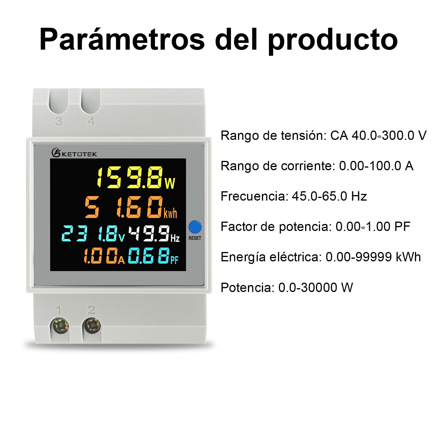 KETOTEK Medidor de Energía Digital 6 en 1 AC40-300V 100A Voltímetro Amperímetro Carril Din, Contador Eléctrico Monofásico Medición del Consumo de Voltaje Corriente Factor de Potencia Frecuencia