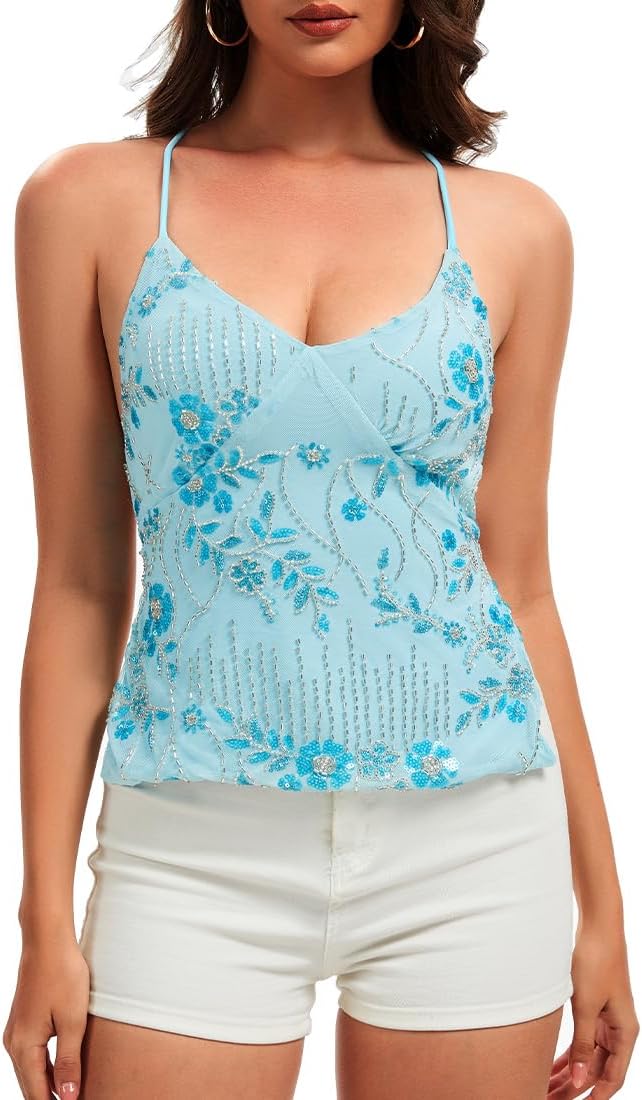 Y2K Women Cute Sparkle Backless Sequin Cami Top Mermaid Top V Neck Open Back Criss Cross Straps Summer Crop Tops