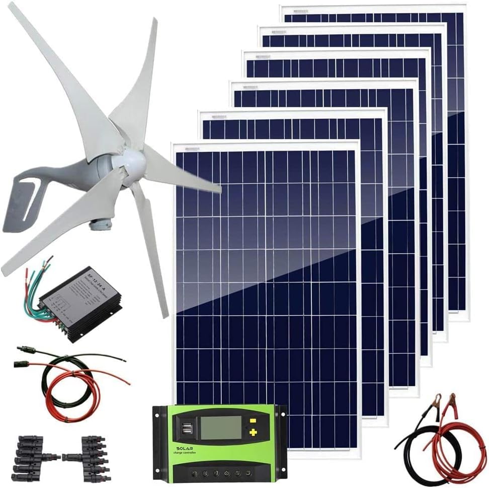1000 Watts Solar Panel Wind Turbine Hybrid Kit: 6 pcs 100W Solar Panel +400W Wind Turbine Generator for Home House for 24V Battery