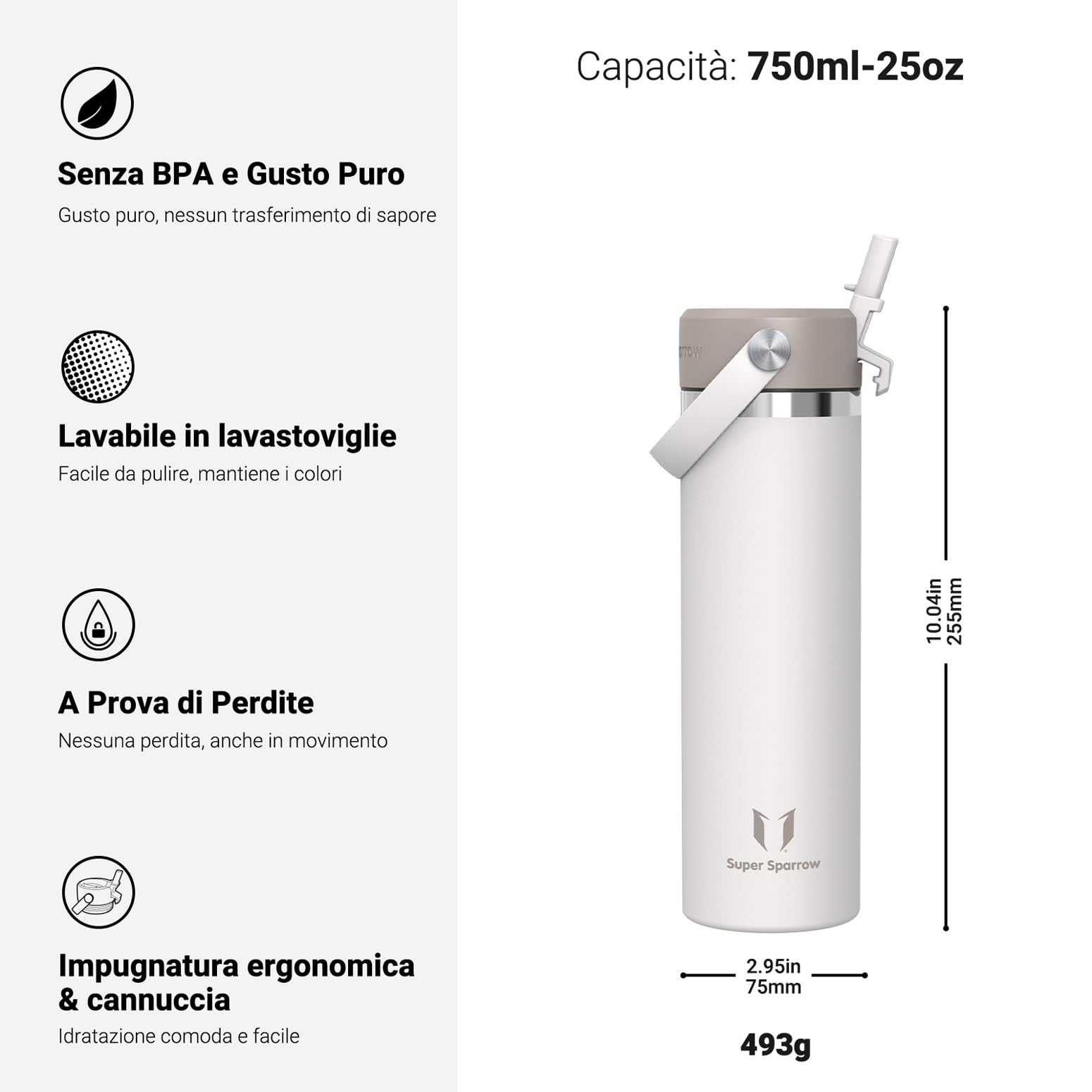 Sparrow Borraccia Termica - 500ml/750ml/1L/1.2L - SwivelSip Bottiglia Acciaio Inox - Senza BPA Borracce Termiche, Borraccia con Cannuccia Ergonomica per Scuola, Sportiva, Campeggio, Palestra
