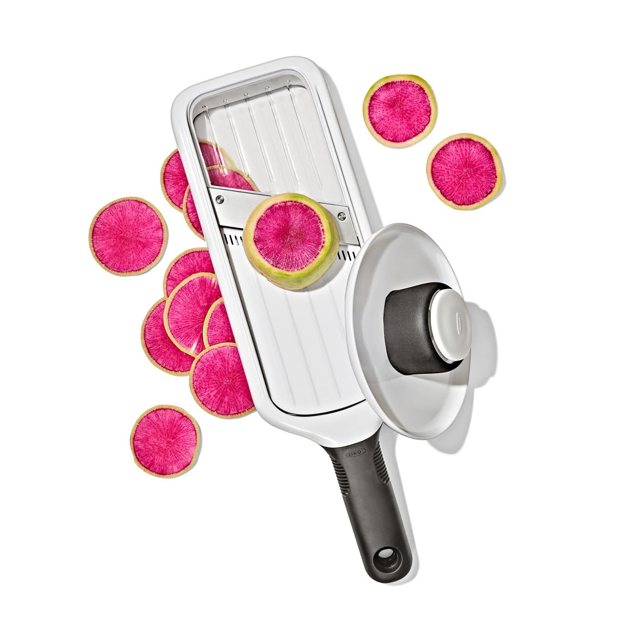 Mandolina OXO Good Grips portatile con lama regolabile 5 posizioni per affettare e julienne, impugnatura antiscivolo, lavabile in lavastoviglie, facile da riporre