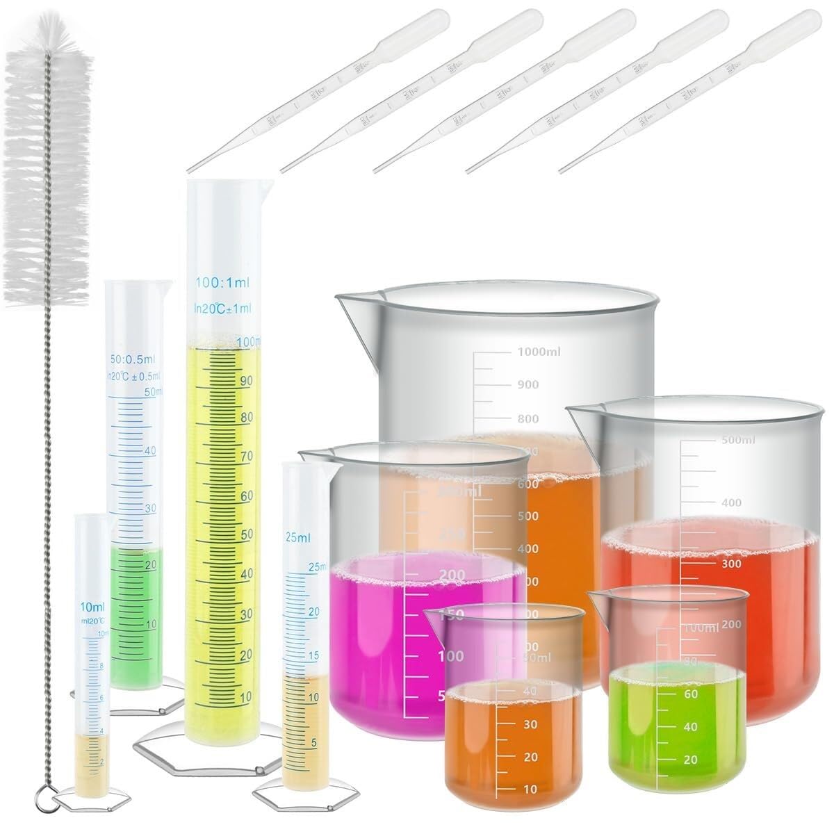 Set de Cilindros de Medida 15 Piezas, Cilindros Graduados de Plástico y Vasos con Pipetas y Cepillo para Laboratorio y Cocina
