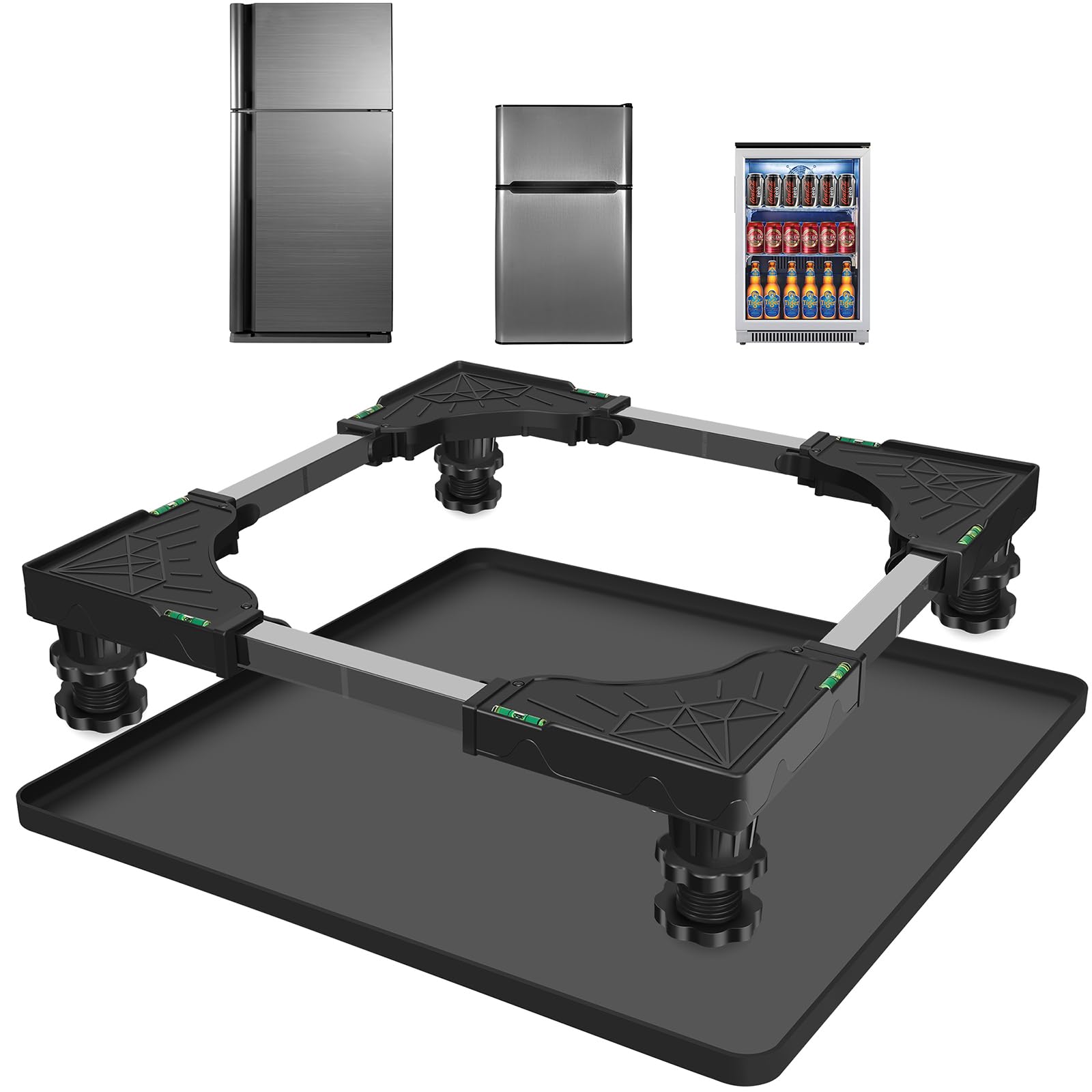 Mini Fridge Stand with Silicone Mat, Universal Stand Base is Adjustable, 4 Sturdy Feet and Hardened Steel Tube, 24''x 24'' Drain Pan, Suitable for Fridge, Washing Machine, Dryer, Wine Cabinet.