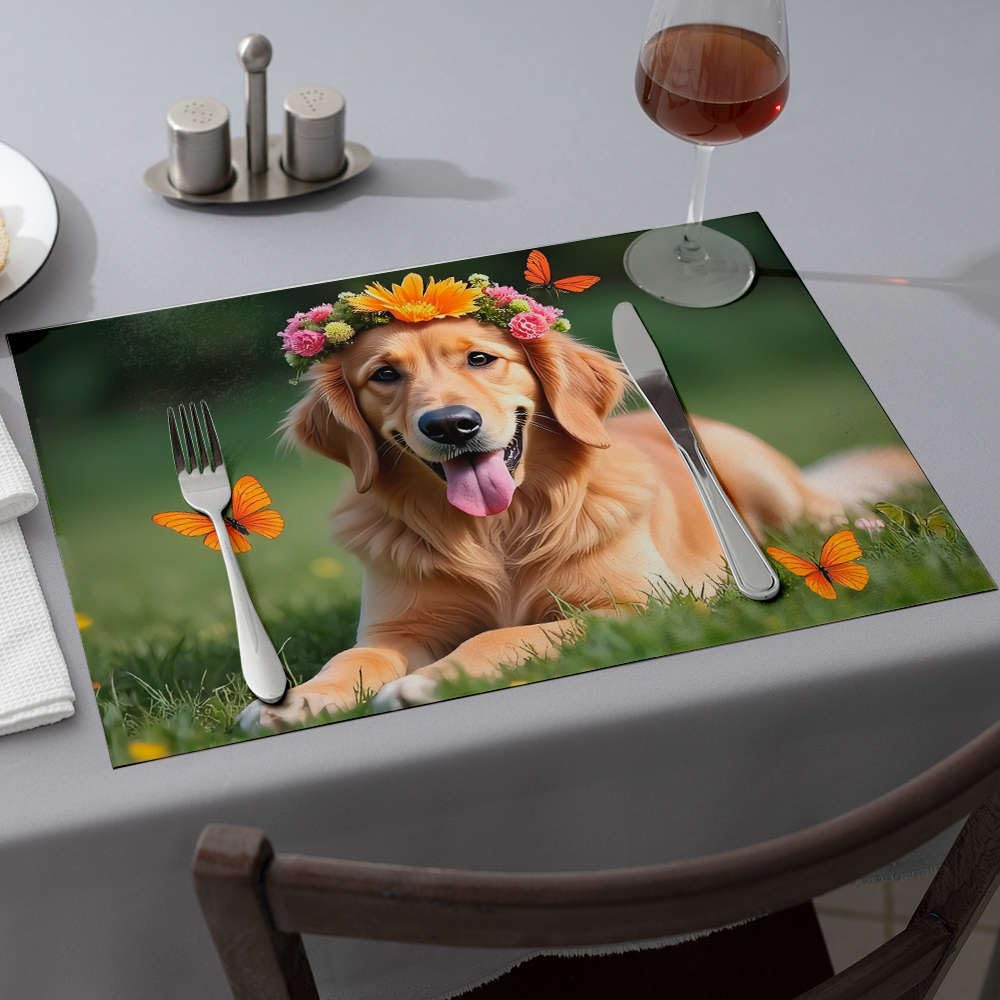 Assiette décorative golden retriever et fleurs pour égayer vos repas de Pâques