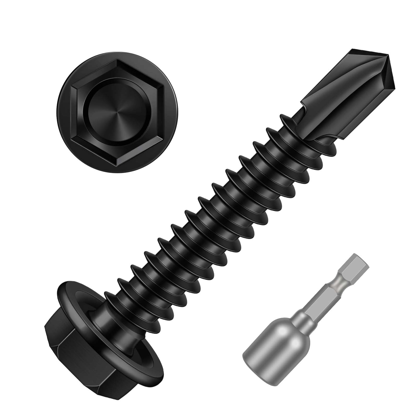MewuDecor #14 x 1-1/2" (3/4" to 4" Available) Hex Washer Head Self Drilling Sheet Metal Screws with Drill Point, Stainless Steel 410, Black Oxide, 50