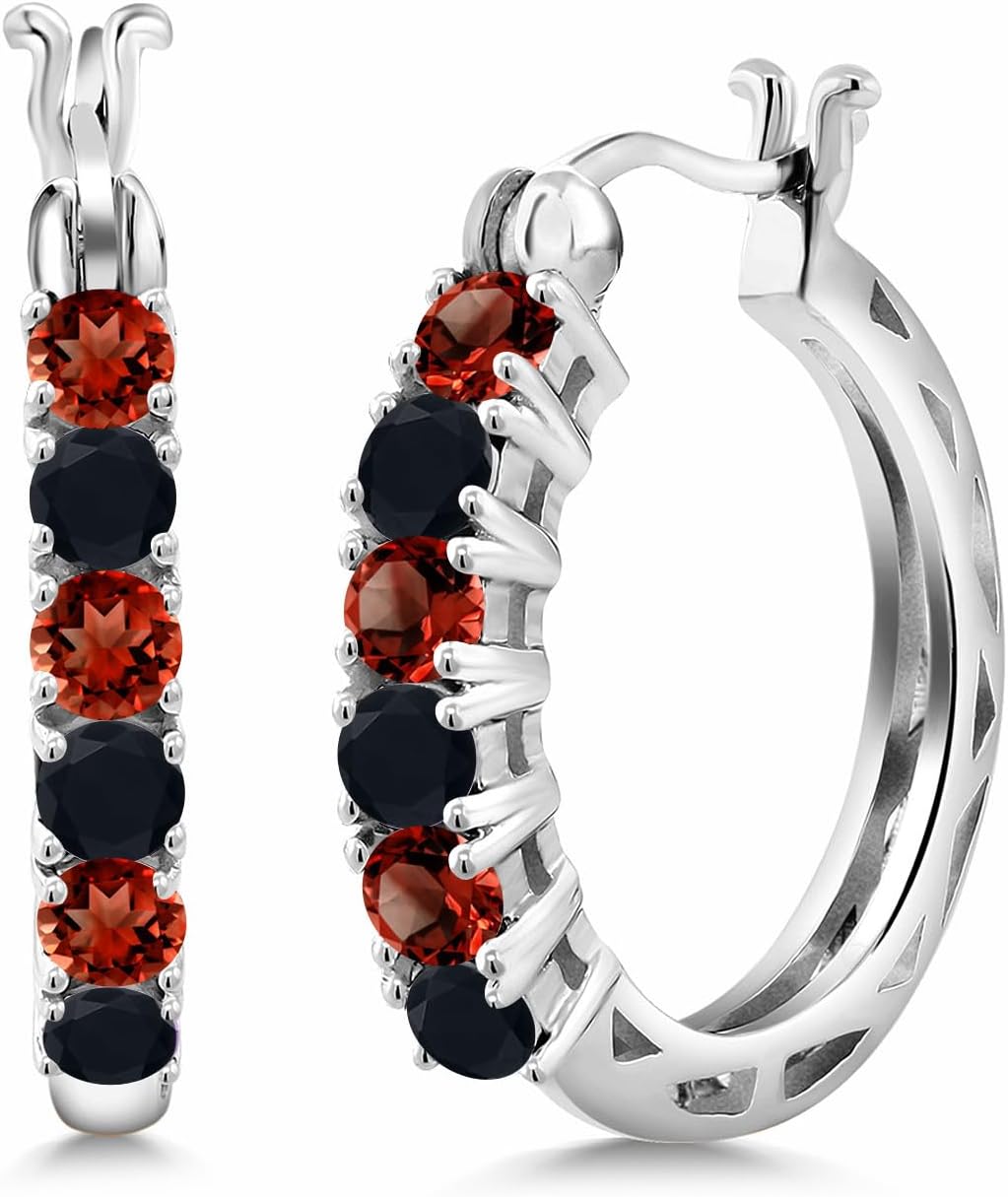Gem Stone King 925 Sterling Silver Red Garnet and Black Onyx Hoop Earrings for Women | 1.50 Cttw | Gemstone January Birthstone | Round 3MM