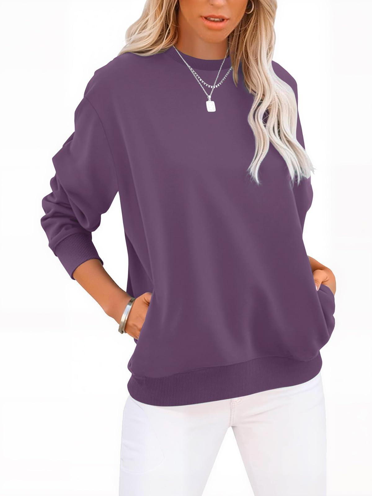 Womens Sweatshirts Cotton Crewneck Tops Long Sleeve Cute Lightweight Fall Winter Loose Casual Pullover with Pockets, A- Dark Purple, X-Large-image-40