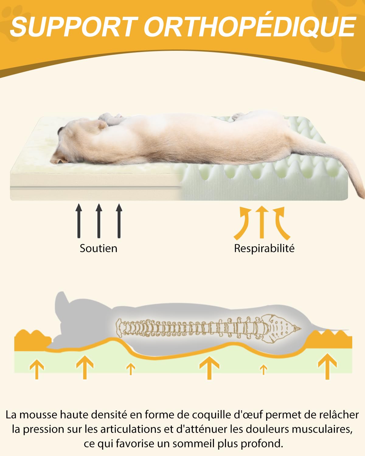 Panier Coussin Chien Dehoussable Lavable, Grande Taille Lit pour Chien Orthopédique, Tapis Matelas, 104x68cm, Fond Antidérapant, Beige