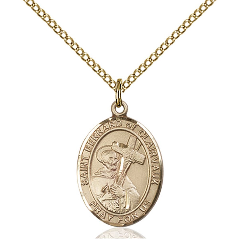 Bonyak Jewelry Saint Medal Collection Custom Engraved Gold Filled St. Bernard of Clairvaux Pendant 3/4 x 1/2 inches with Gold Filled Lite Curb Chain