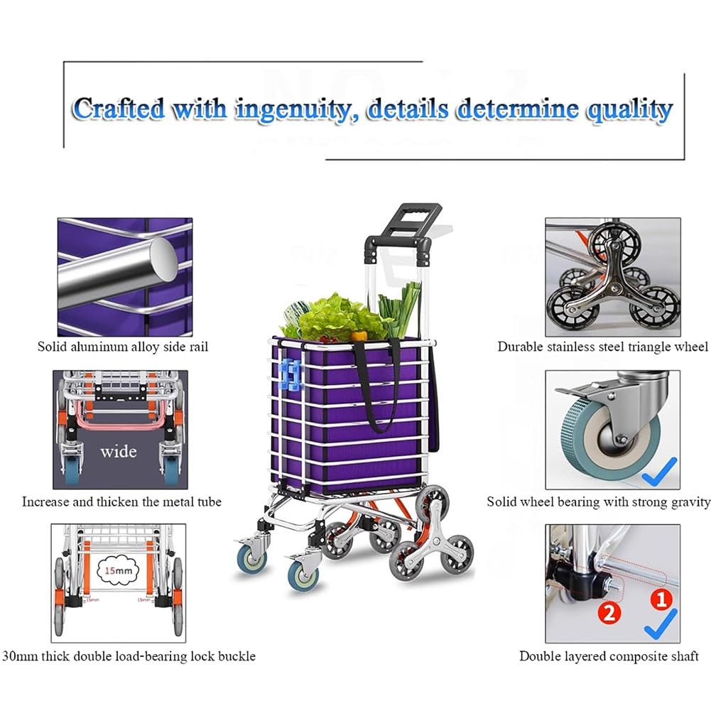 Treppensteiger Trolley mit Doppel Sicherheitsverriegelung, Robuster Klappbarer Transportwagen, 30mm Aluminium Rahmen & PU Räder für Einkäufe, Koffer und Logistik Purple Without Lid