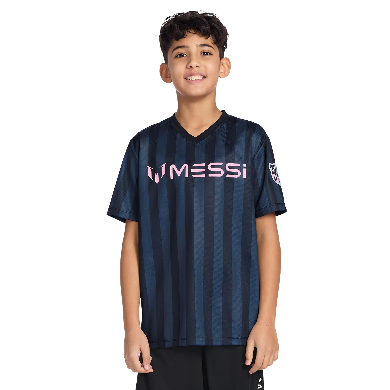 Messi Boys' Lifestyle Short Sleeve Top, Loose-fit V-Neck Shirt with Logo, Comfortable