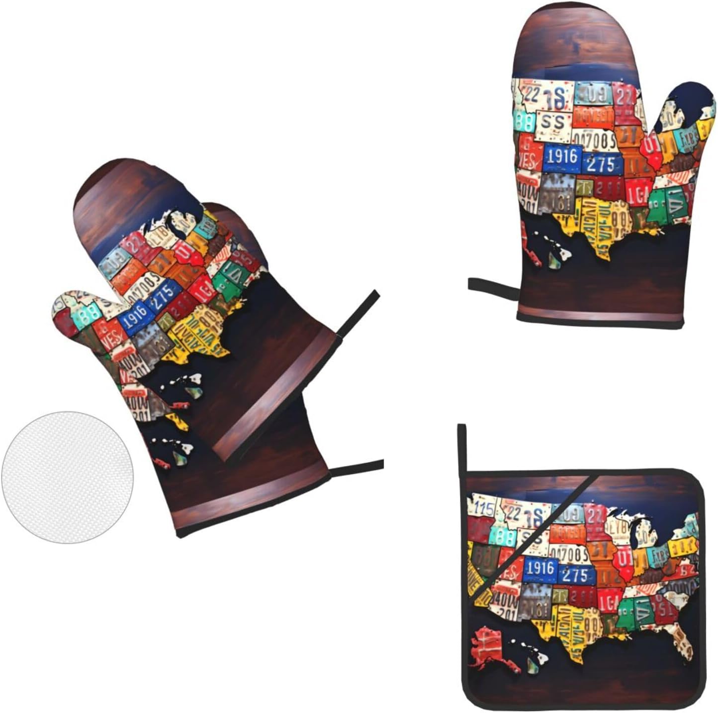 (License Plate Map) Baking 4-Piece Set: 2 Oven Mitts and 2 Pot Holders Heat Resistant Waterproof Hanging Loop for Kitchen Oven Grill Housewarming Gifts