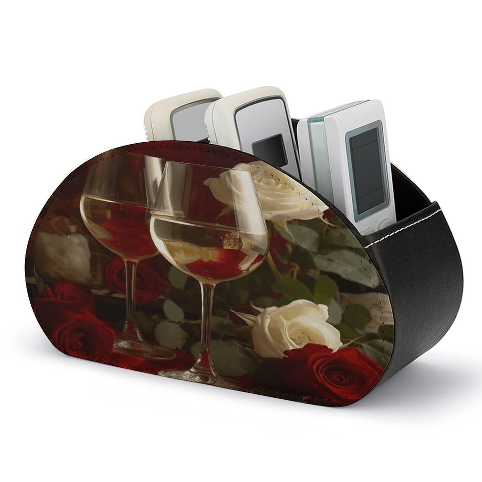 LZQPOEAS Roses on Table Remote Control Holder with 5 Compartments PU Leather Remote Organizer Box Caddy for Table Nightstand Remote Caddy Desktop Organizer Fits Media Controllers