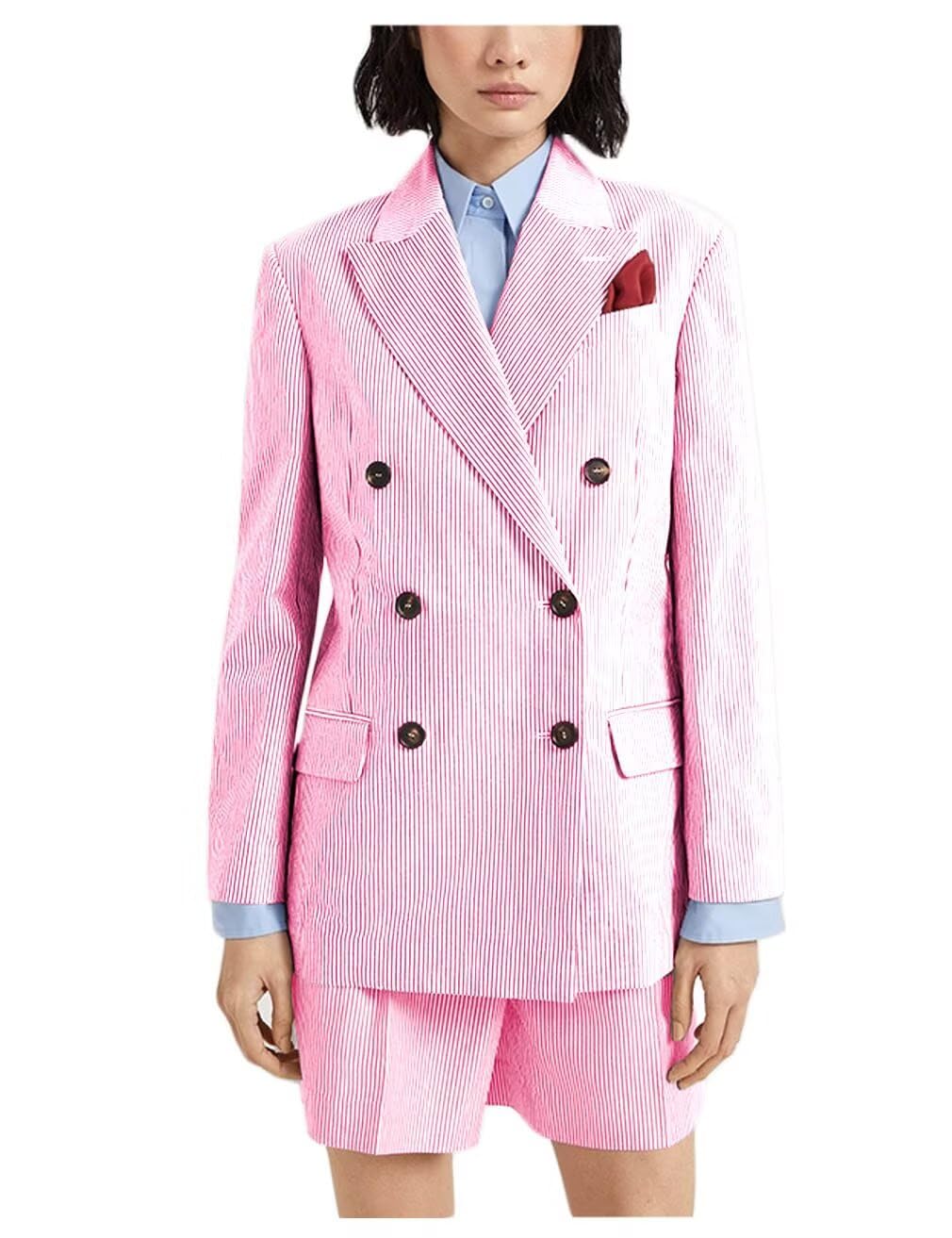 Womens Two Piece Sets Blazer Shorts Dressy Business Seersucker Stripes Double Breasted Professional Suits