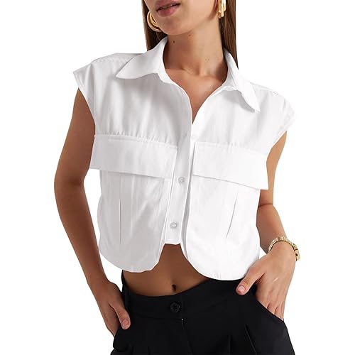 Tankaneo Womens Button Down Shirts Cute Summer Cap Sleeve Crop Tops Blouse