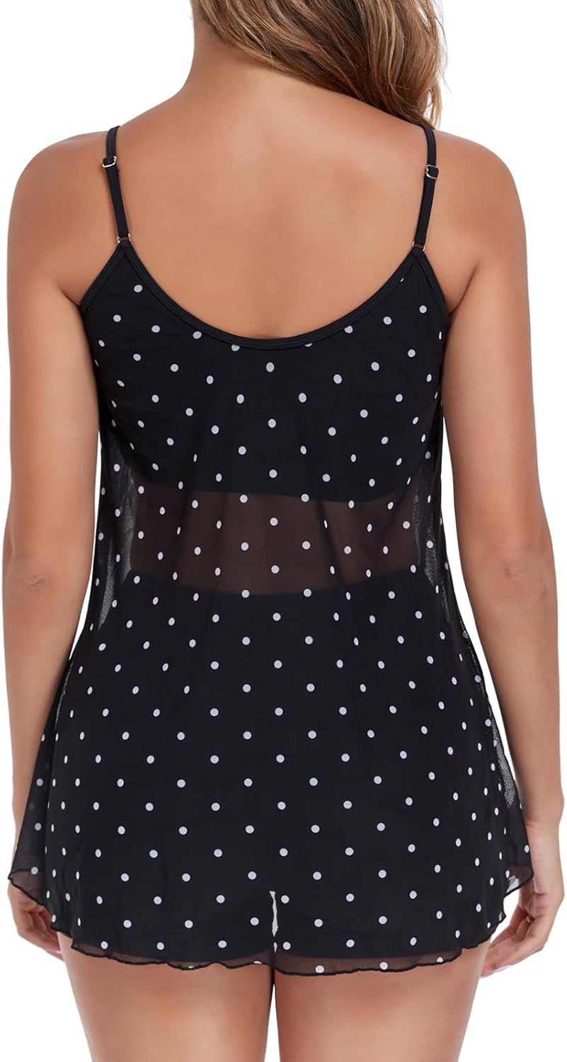 Ocean Blues Women's Mesh Camisole Tankini Swimsuits Tummy Control Two Piece Bathing Suits Swim Tank Top with Boyshorts