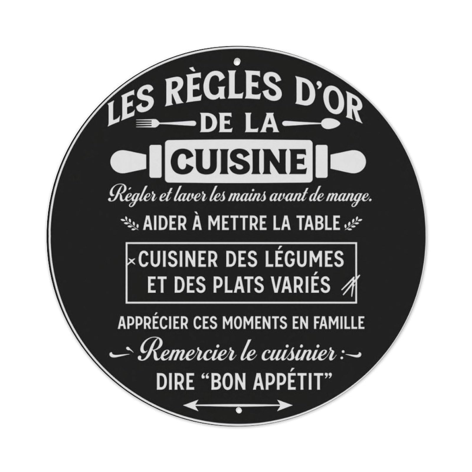 French Kitchen Golden Rules Vintage Round Decor Sign Vintage Aluminium Metal Sign, Retro Wall Decor for Home, Bar, Garage & Farmhouse 20x20cm
