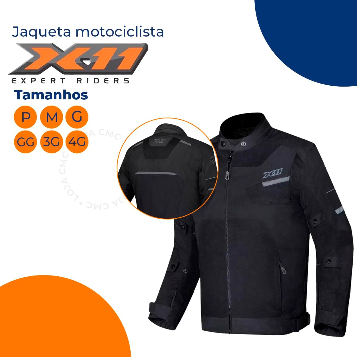 Imagem frontal do produto com fundo branco e elementos gráficos circulares em azul e laranja Imagem frontal do produto com fundo branco e elementos gráficos circulares em azul e laranja