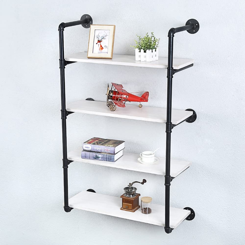 Industrial Pipe Shelving Wall Mounted,30in Rustic Metal Floating Shelves,Steampunk Real Wood Book Shelves,Wall Shelf Unit Bookshelf Hanging Wall Shelves,Farmhouse Kitchen Bar Shelving(4 Tier)