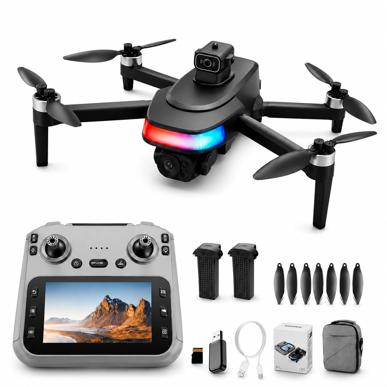 Faltbare GPS Drohne mit Kamera 1080P HD, Dual-Kamera, 4,5'' Bildschirm Fernsteuerung, bürstenlose Motoren, 2 Akkus (40 Min), Follow Me, 360° Orbit, Waypoint, Optical Flow, Hinderniserkennung