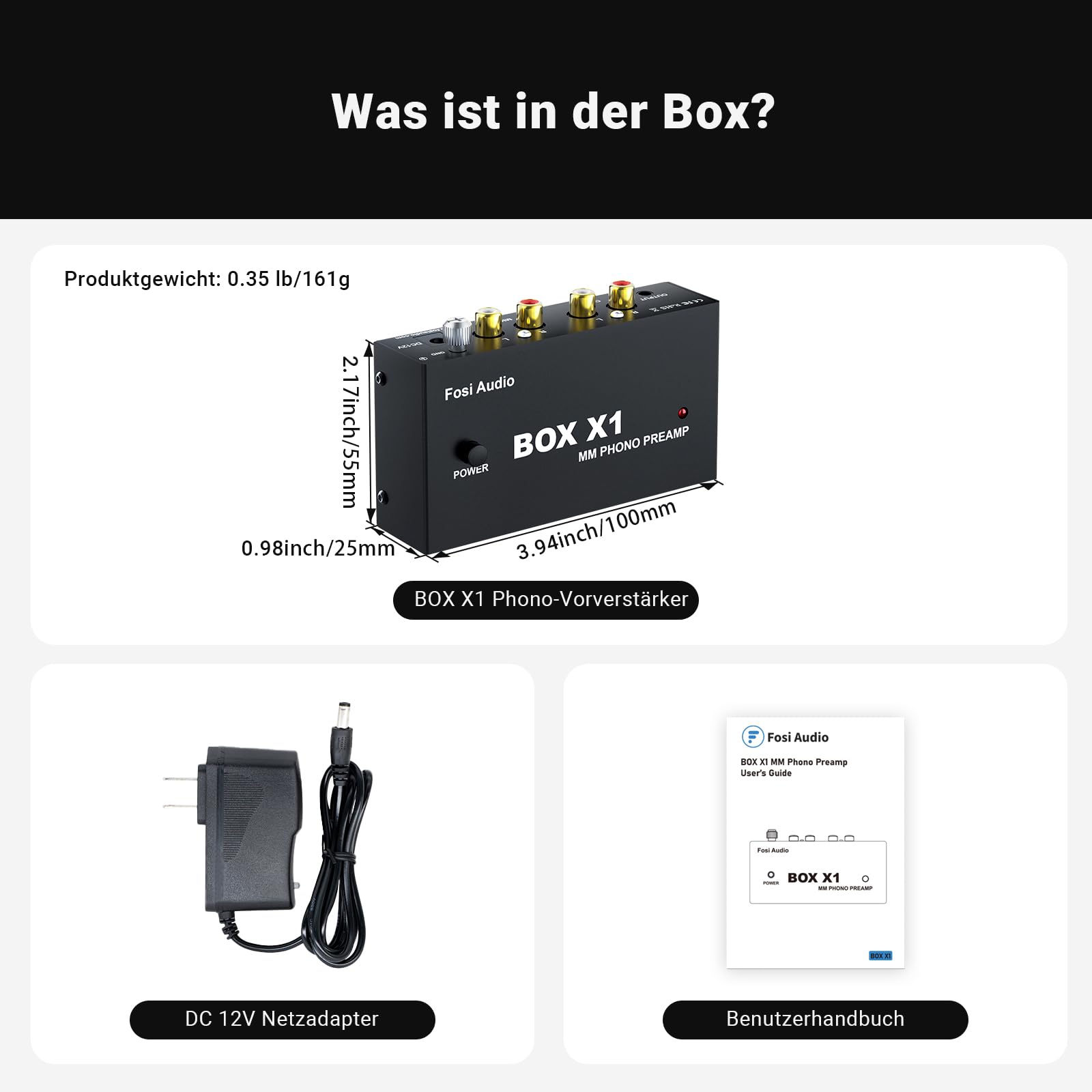 Fosi Audio BOX X1 Phono Vorverstärker für MM-Plattenspieler mit 3,5MM Kopfhörer und RCAAusgang, Mini PhonVorverstärker mit Ein-/Ausschalter für Phonographen/Plattenspieler, DC12V Netzteil inbegriffen