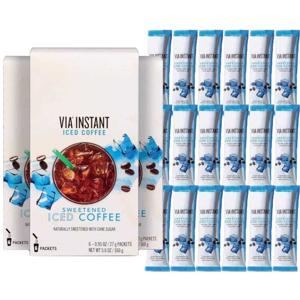 Instant Sweetened VIA Iced Coffee Medium Roast Packets & Exclusive Coffee Vinyl Sticker! (18 Packets Total)