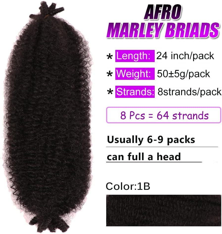 Springy Afro Twist Hair Pre-Separated Spring Twist for Faux Locs Marley Crochet Braiding Hair Extensions (1B#, 24 Inch (Pack of 8)) - Image 2