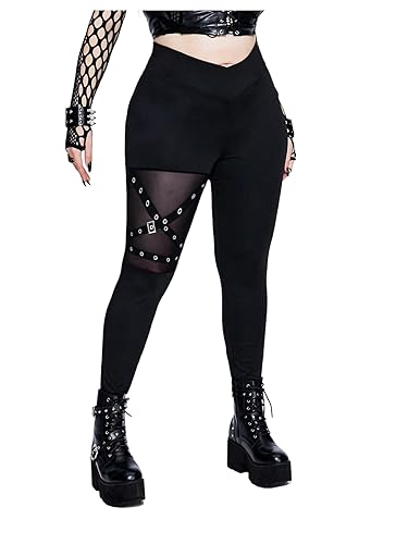 Floerns Women's Plus Size Goth Leggings Patchwork Punk Contrast High Waisted Legging Pants - XX-Large Plus - Black