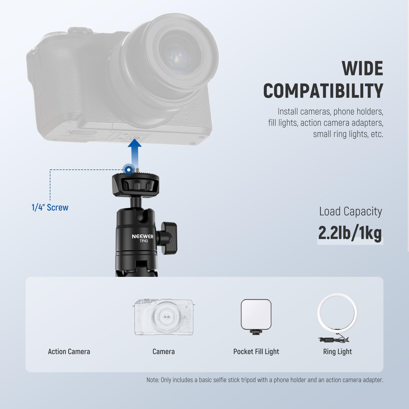 Neewer Mini stacjonarny statyw do selfie Stick kompatybilny z iPhone GoPro Insta360 DJI z głowicą kulową 360° podwyższoną osią środkową, metalowa przenośna mała kamera biurkowa, kamera internetowa