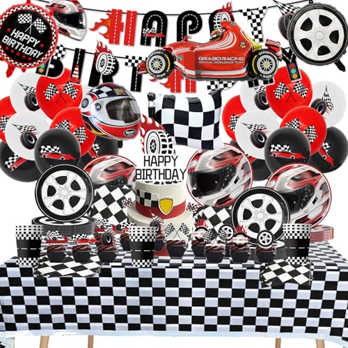 FYFLYMT Décoration d'anniversaire Voiture, Vaisselle Fête Car, Décoration d'anniversaire Voiture Course, Comprend Nappe, Assiettes Carton, Bannière, Ensemble Cécoration d'anniversaire pour 10