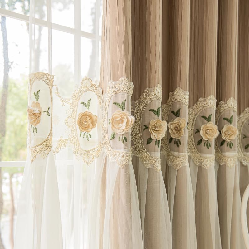 1PC Cloth and Yarn Integration Curtains,Home Curtains Blackout,Suitable for bedrooms and Living Rooms,Grommet Top,3D Relief Embroidered Flower (Milk Tea Color,51x98 Inch)
