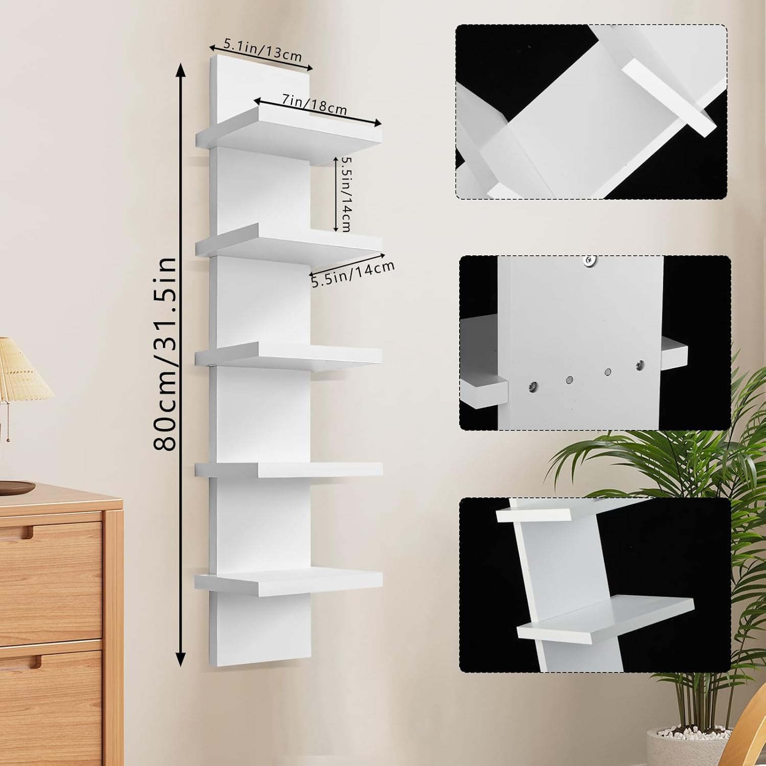 5 Tier Wall Shelf Unit - Lack Floating Shelf White，2 Pack - Narrow Smooth Laminate Finish - Vertical Column Wall Decor Mount Floating Storage Home Decor Organizer Tall Tower Utility Shelf