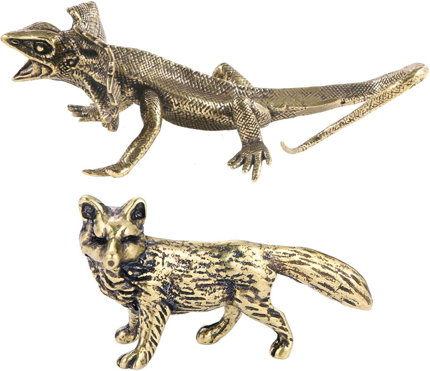 SnowOwl 2pcs Gold Umbrella Lizard & Fox Sculpture Vintage Brass Animal Figurines Statue Feng Shui Ornament for Home Office Garden Desktop Decor (Figurines-04)
