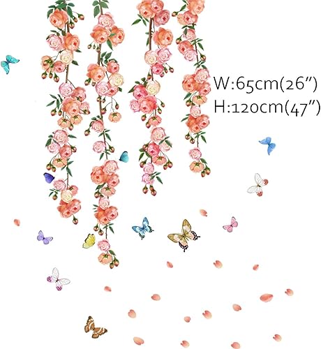 Miniatura 4 de Runtoo Calcomanías artísticas de pared de rosas de vid de flores, calcomanías de pared florales de peonía para sala de estar, dormitorio de niñas,