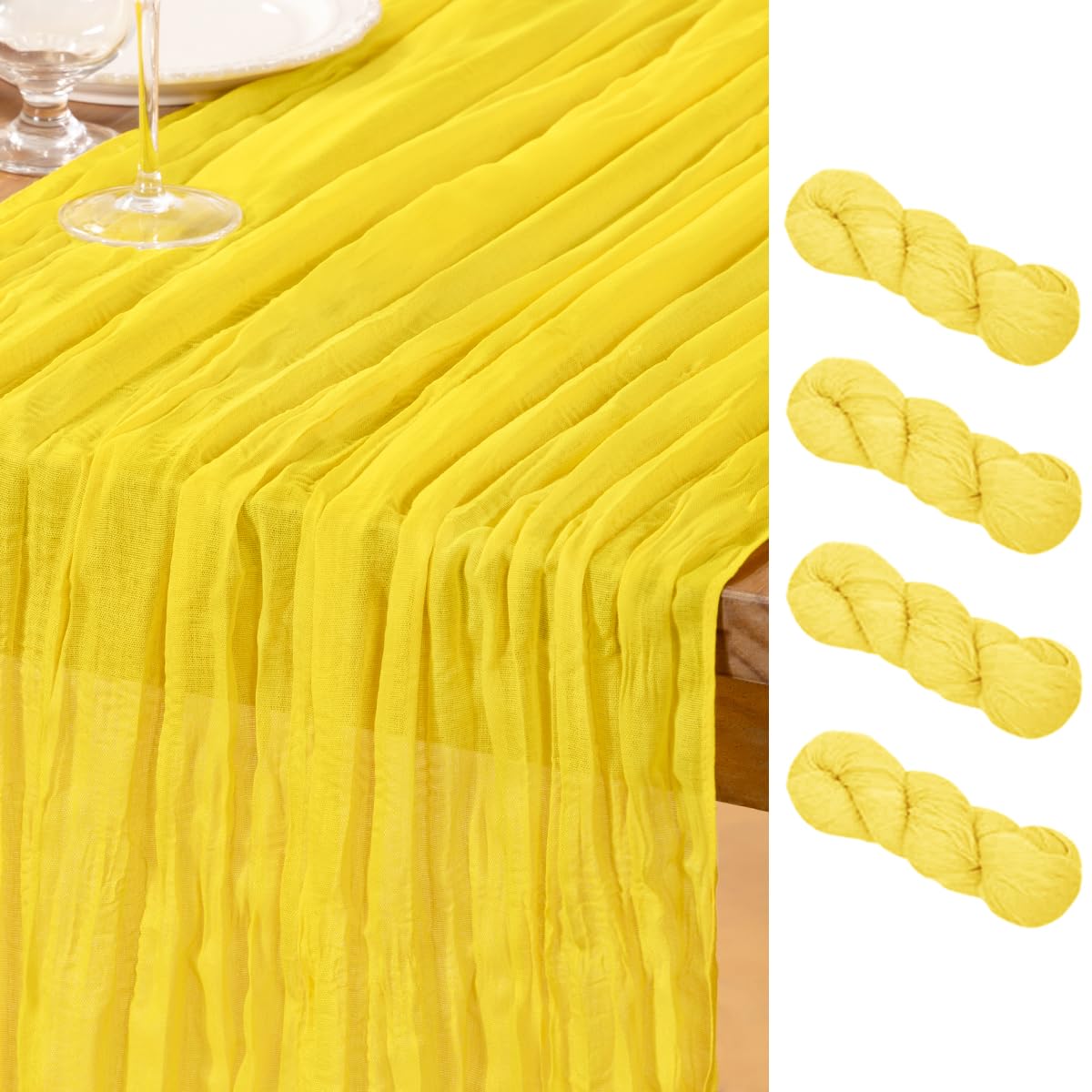 Photo 1 of [Item has some stains] DeZerlor Lemon Yellow Cheesecloth Table Runner 4 Pack Summer Table Runners Boho Gauze 120 Inches Cheese Cloth Table Decor for Wedding Bridal Baby Shower Parties