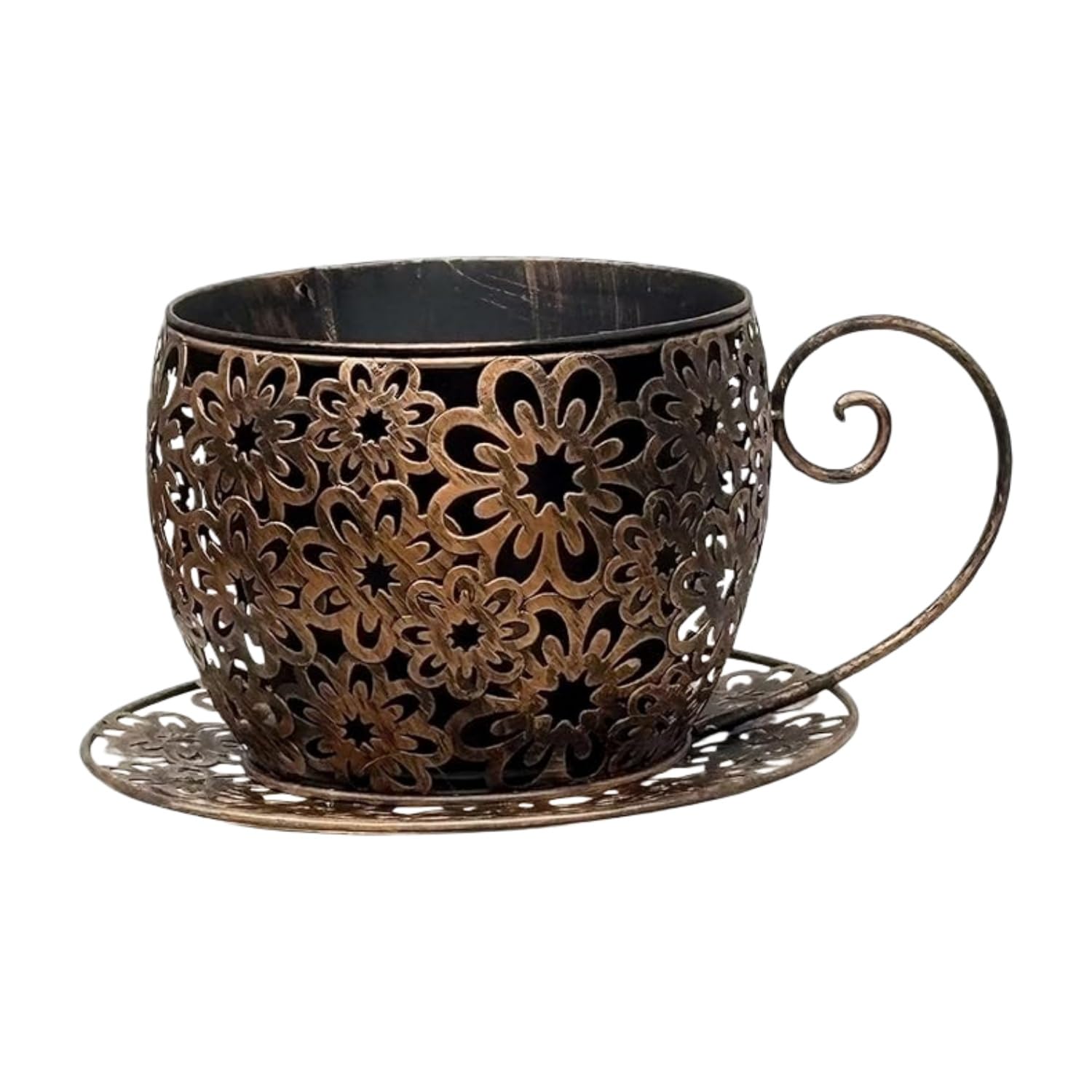 Easnea Rustic Iron Tea Cup Planters Coffee Cup Planter Teacup Flower Pot Garden Planter Vintage Succulent Plant Holder with Saucer, Funny Gardening Planter for Indoor Outdoor Use, Bronze