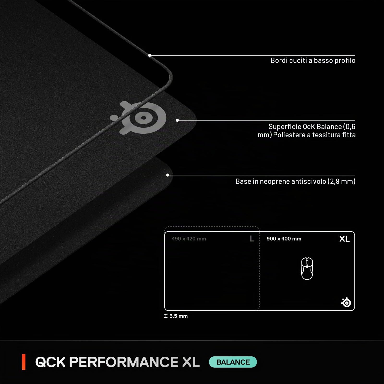SteelSeries QcK XL Performance Balance Gaming Mousepad - Densità extra per una scorrevolezza fluida - Cuciture a basso profilo - Base in gomma neoprene antiscivolo - 40 x 87,5 cm - FPS, MOBA, RTS, MMO