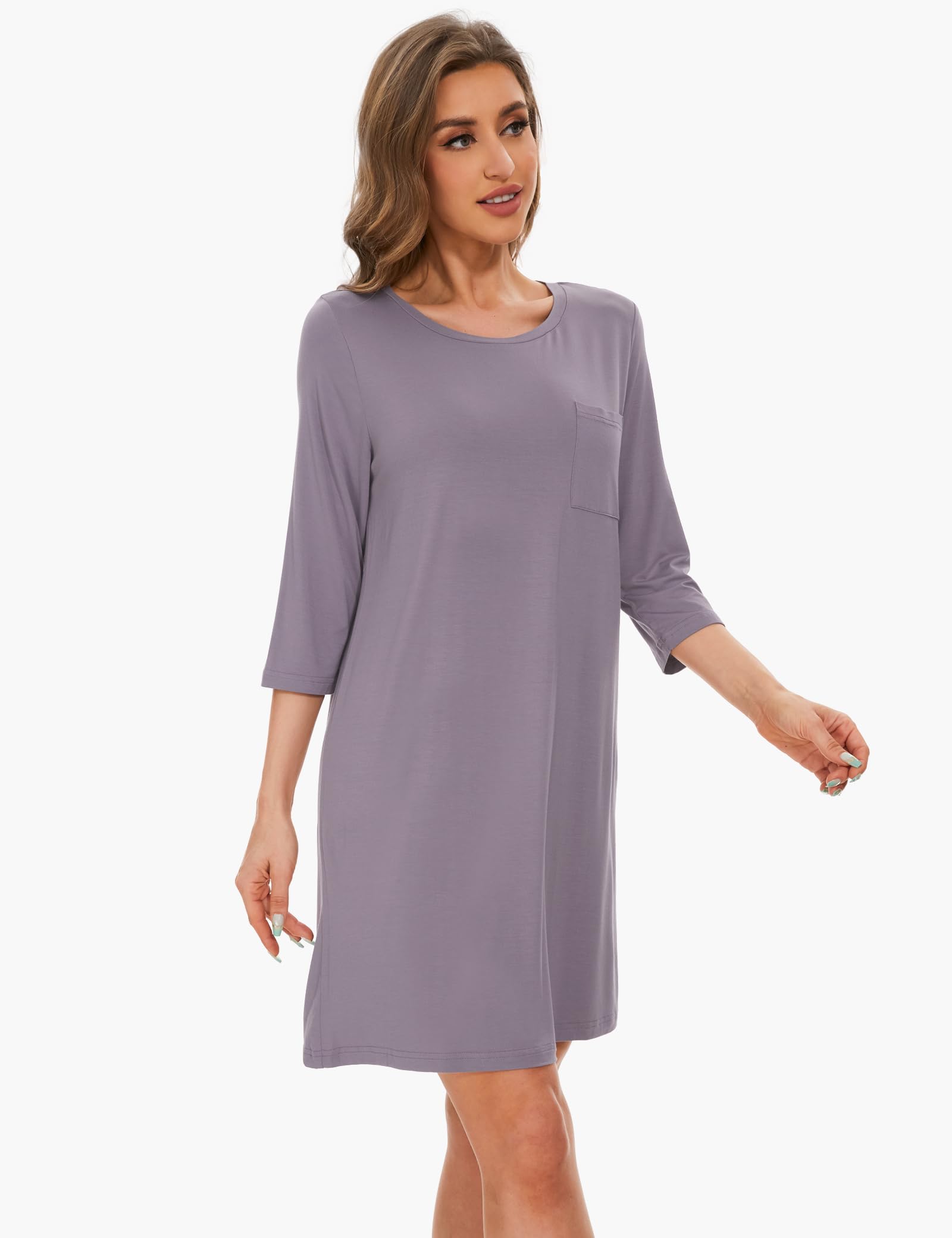 GYS Women's Bamboo Viscose Nightgowns Crewneck 3/4 Sleeve Sleepwear Comfy Night Shirt Sleep Dress