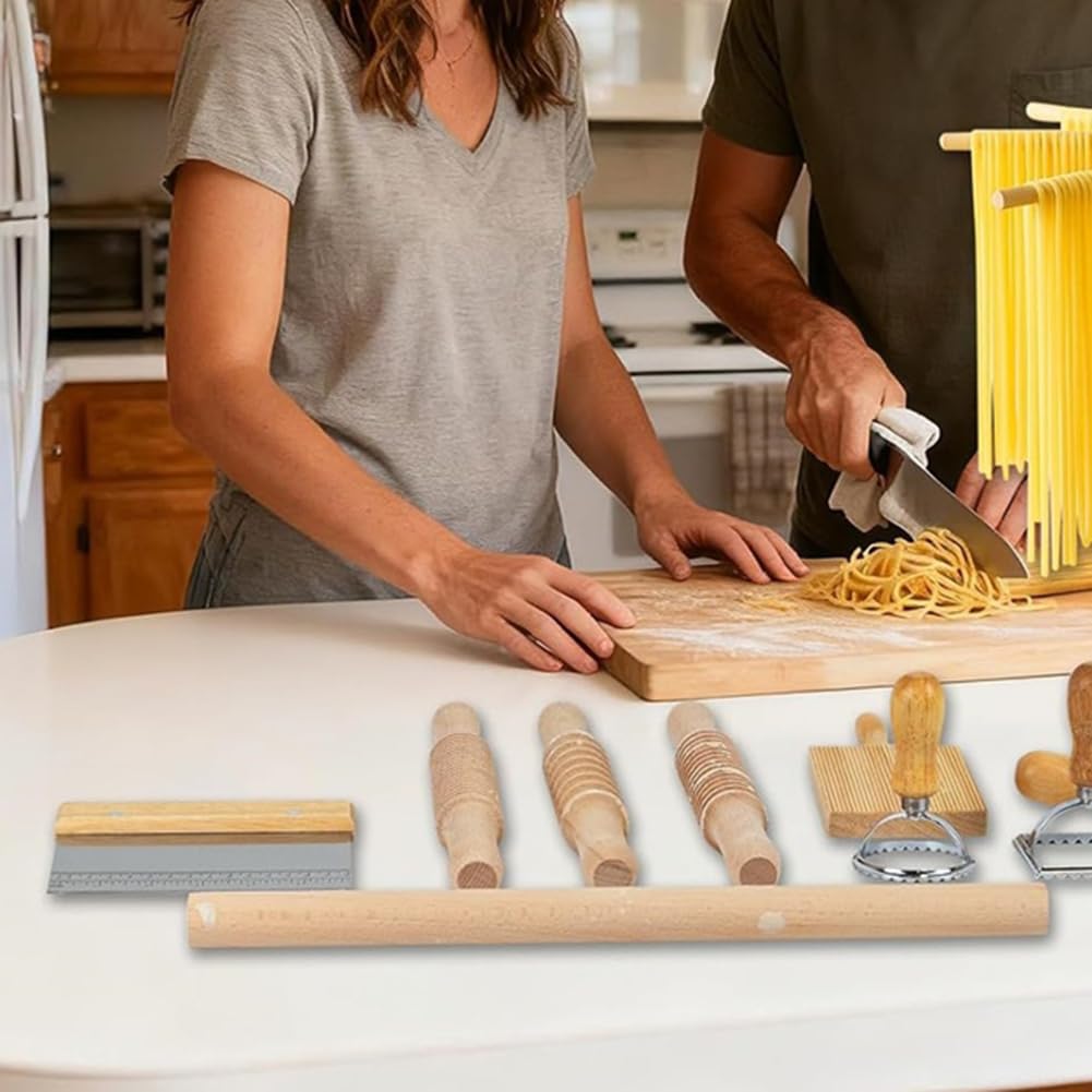 Strumenti per la Preparazione della Pasta - Kit in Legno Include Mattarelli Filettati, Mattarello Lungo e Stendibiancheria Rotante.