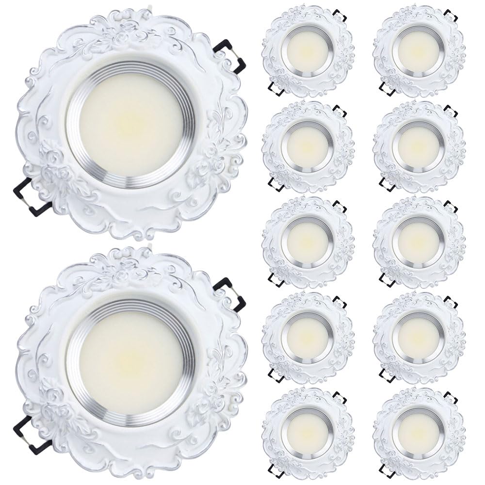 ASerZenith 12 Packs White Dimmable Led Recessed Downlight With Baffle Trim, 3Cct 3000K/4000K/6000K Adjustable, European Style Ceiling Light Fixture For Living Rooms, Kitchens, And Corridors,White-7W