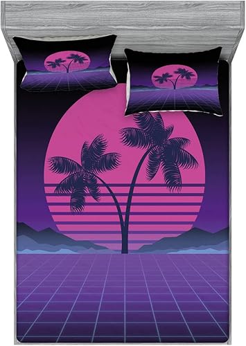 Ambesonne Synthwave 2 Pack Fitted Sheet & Pillow Sham Set, Striped Moon Exotic Palms, 4 Pcs Bedding Decor, Package Contains 2 King Size Fitted