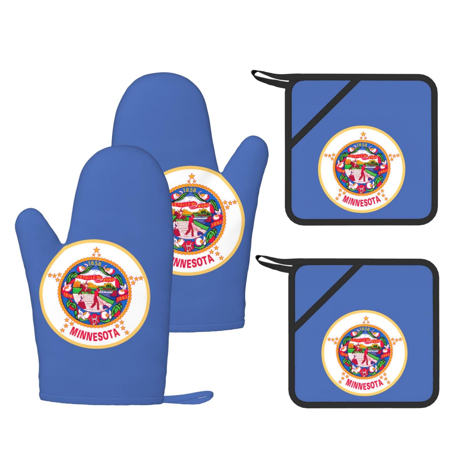 Minnesota State Flag Printed Kitchen Oven Gloves and Potholder 4 Pcs, Non-Slip Heat Resistant Mitts for Baking Chef