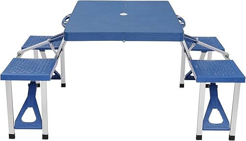 Ochine Mesa de picnic plegable portátil con 4 asientos, mesa de picnic resistente y banco de aluminio plegable con maleta portátil y agujero para