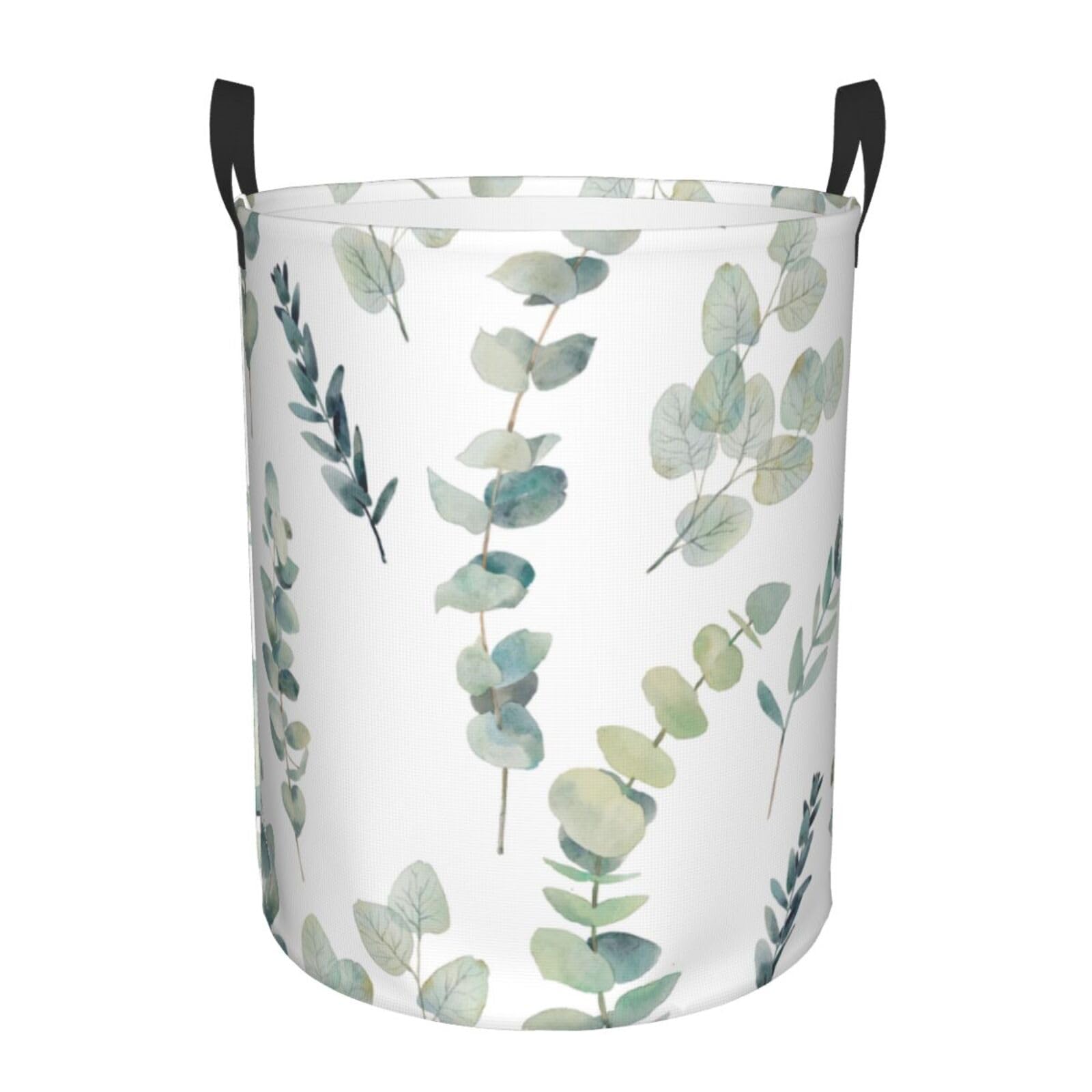 S Collapsible Round Eucalyptus Leaves Print Laundry Hamper